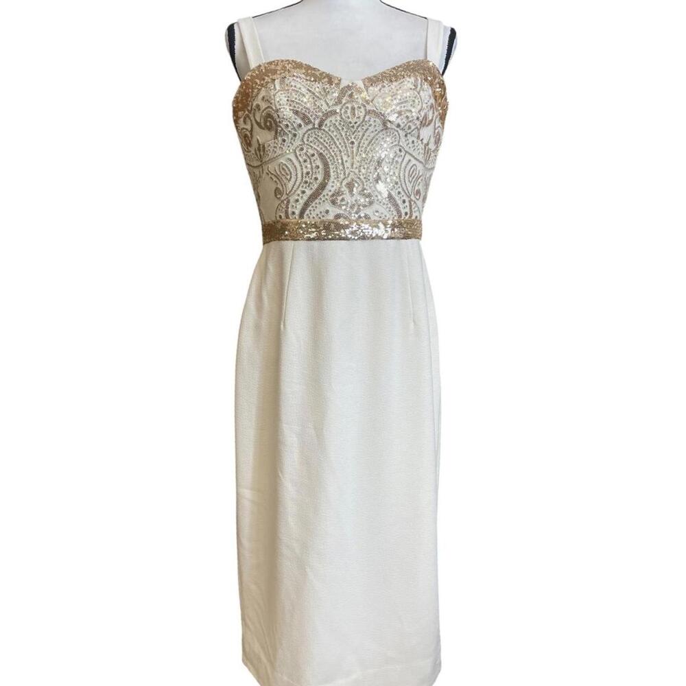 Dress the Population Cream Midi Dress with Gold Embellished Bodice